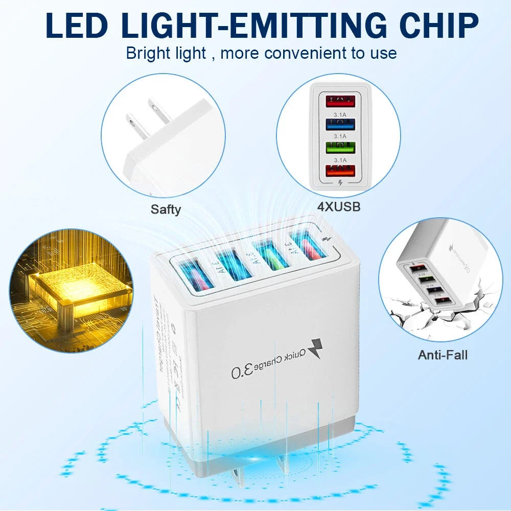 US 4 Port Fast Quick Charge QC 3.0 USB Hub Wall Home Charger Power Adapter Plug