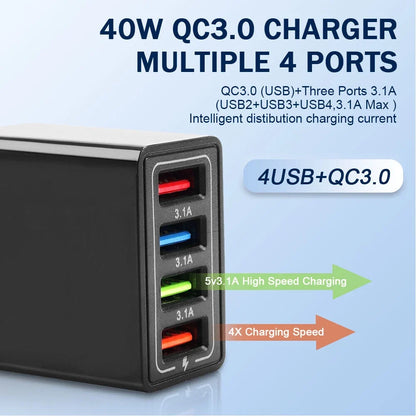 US 4 Port Fast Quick Charge QC 3.0 USB Hub Wall Home Charger Power Adapter Plug