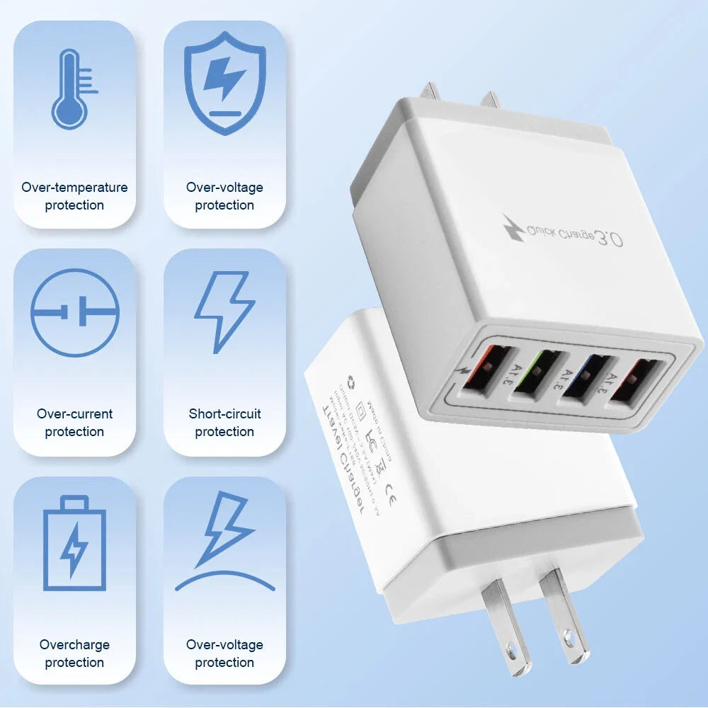 US 4 Port Fast Quick Charge QC 3.0 USB Hub Wall Home Charger Power Adapter Plug