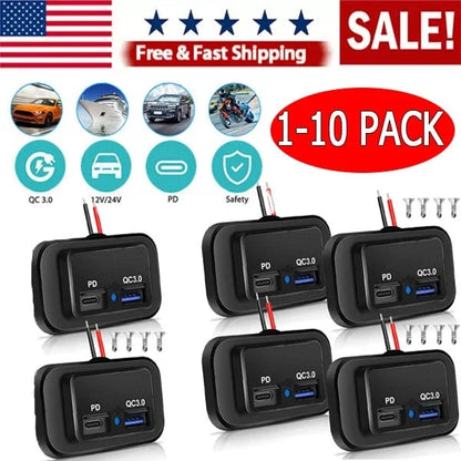 12-24V 4.8A Dual USB PD QC3.0 Car Boat RV Charger Socket LED Power Outlet lot