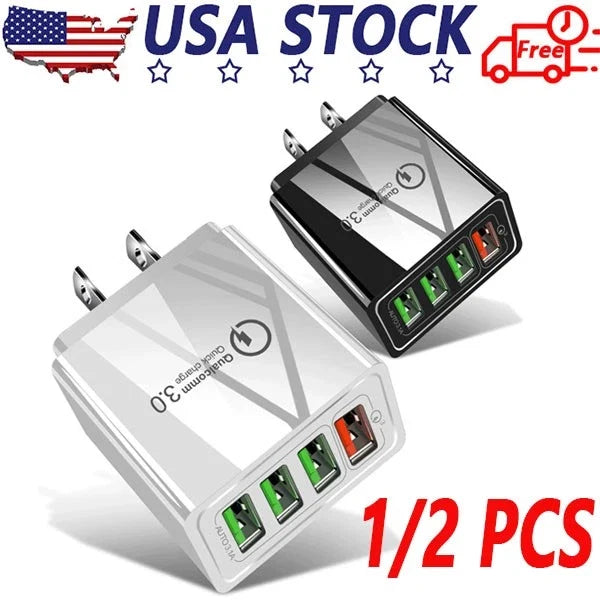 US 4 Port Fast Quick Charge QC 3.0 USB Hub Wall Home Charger Power Adapter Plug