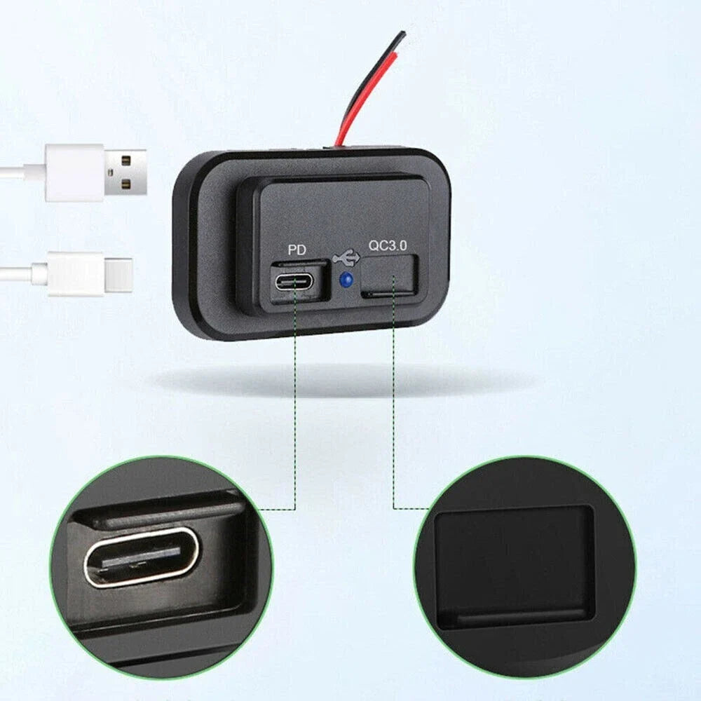 12-24V 4.8A Dual USB PD QC3.0 Car Boat RV Charger Socket LED Power Outlet lot