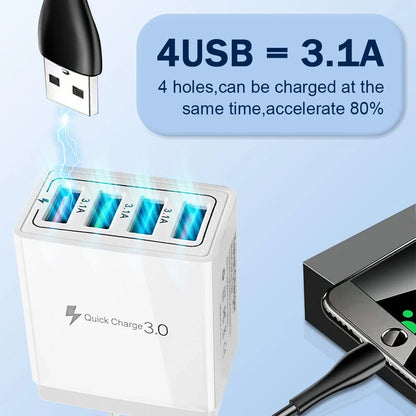 US 4 Port Fast Quick Charge QC 3.0 USB Hub Wall Home Charger Power Adapter Plug