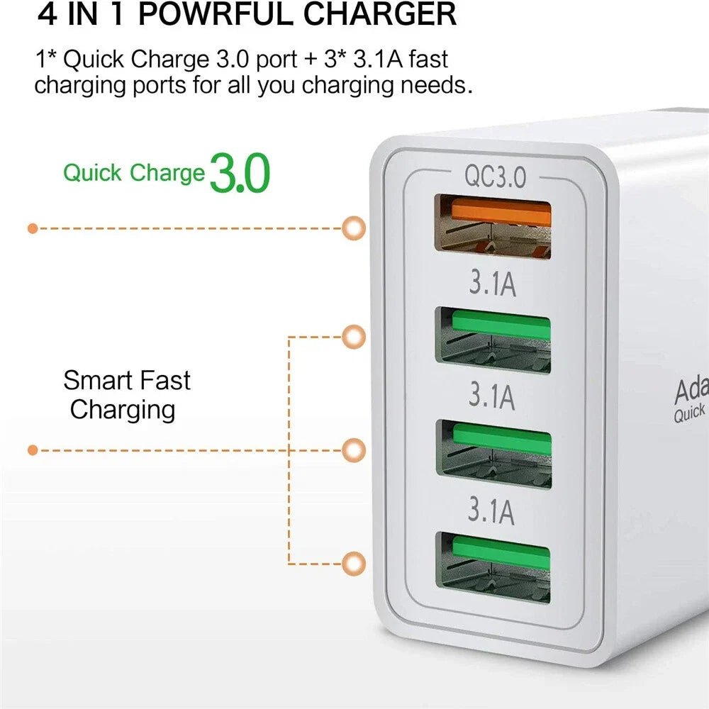 US 4 Port Fast Quick Charge QC 3.0 USB Hub Wall Home Charger Power Adapter Plug