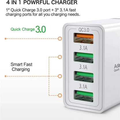 US 4 Port Fast Quick Charge QC 3.0 USB Hub Wall Home Charger Power Adapter Plug