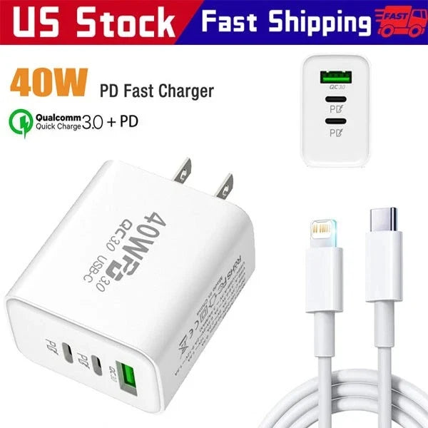 Dual PD 40W Fast Wall Charger Power Adapter For iPhone 15 16 Pro Max 14 13 12