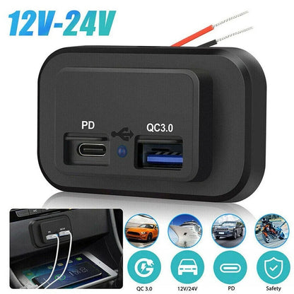 12-24V 4.8A Dual USB PD QC3.0 Car Boat RV Charger Socket LED Power Outlet lot