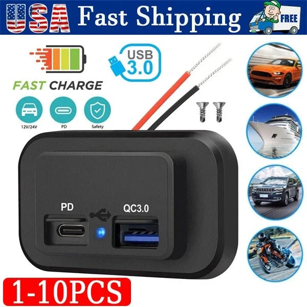 12-24V 4.8A Dual USB PD QC3.0 Car Boat RV Charger Socket LED Power Outlet lot