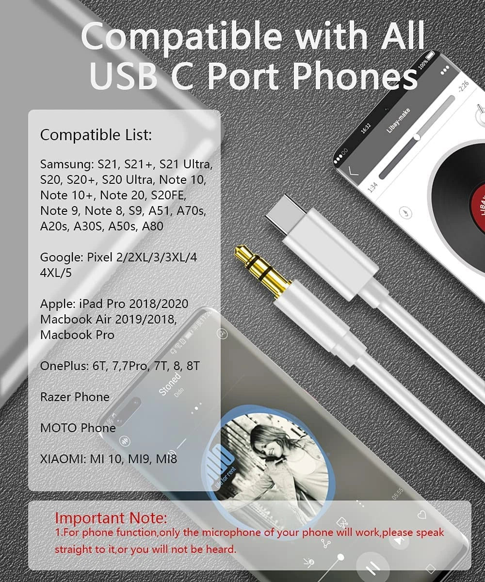 TypeC to Aux Cable USB Type-C Male To 3.5mm Cord Car AUX Music Audio Adapter Lot