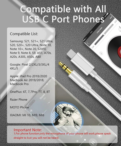 TypeC to Aux Cable USB Type-C Male To 3.5mm Cord Car AUX Music Audio Adapter Lot