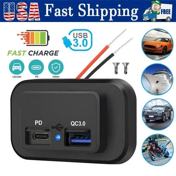 12-24V 4.8A Dual USB PD QC3.0 Car Boat RV Charger Socket LED Power Outlet lot