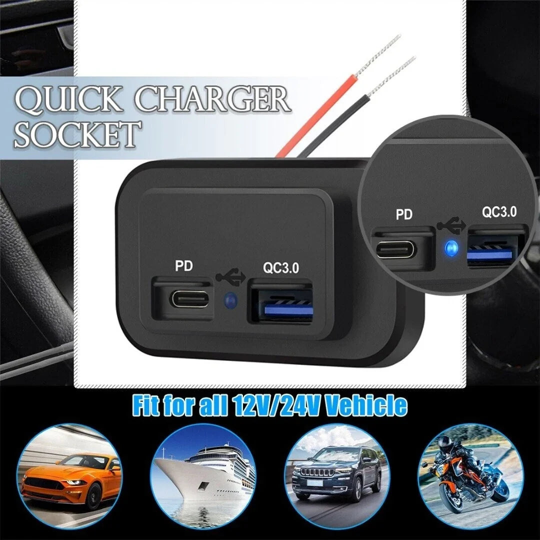 12-24V 4.8A Dual USB PD QC3.0 Car Boat RV Charger Socket LED Power Outlet lot