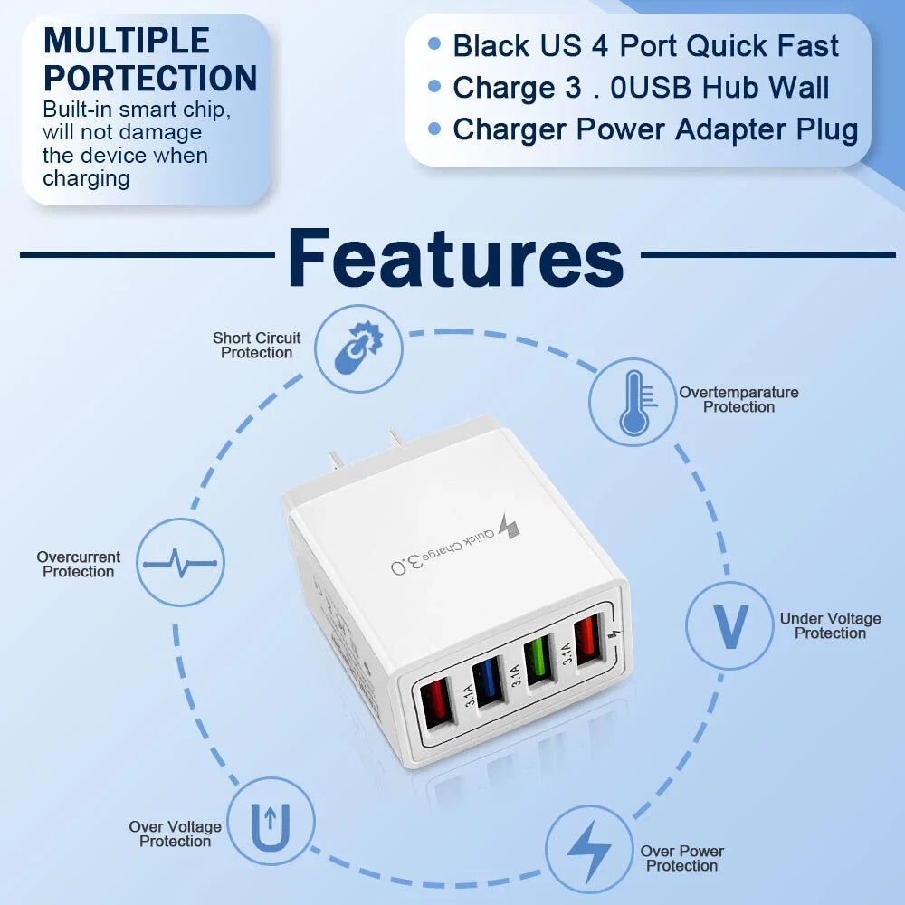 US 4 Port Fast Quick Charge QC 3.0 USB Hub Wall Home Charger Power Adapter Plug