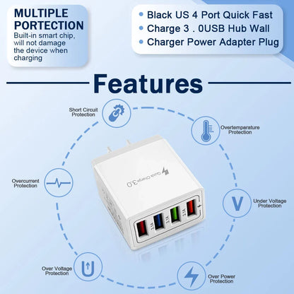 US 4 Port Fast Quick Charge QC 3.0 USB Hub Wall Home Charger Power Adapter Plug