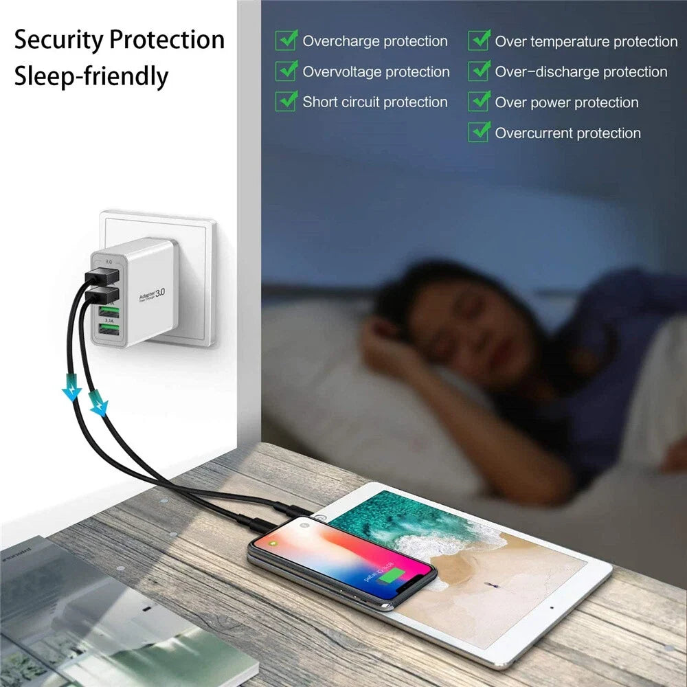 US 4 Port Fast Quick Charge QC 3.0 USB Hub Wall Home Charger Power Adapter Plug