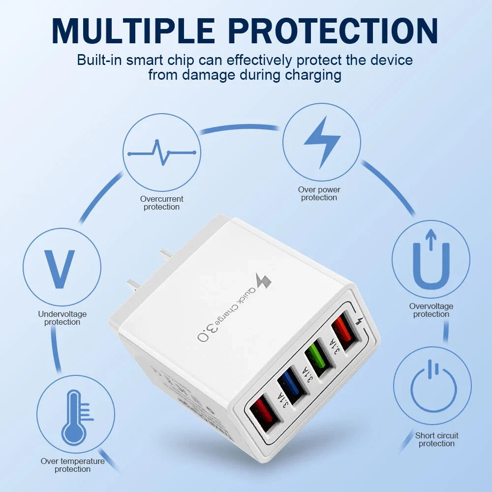US 4 Port Fast Quick Charge QC 3.0 USB Hub Wall Home Charger Power Adapter Plug