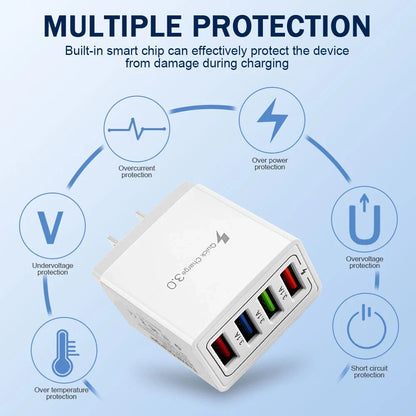 US 4 Port Fast Quick Charge QC 3.0 USB Hub Wall Home Charger Power Adapter Plug