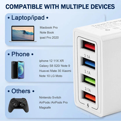 US 4 Port Fast Quick Charge QC 3.0 USB Hub Wall Home Charger Power Adapter Plug